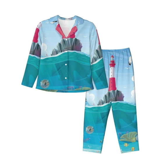 Bingfone Womens Pajama Sets Lighthouse Sea Port Print,Long Sleeve Loungewear Pajamas Set-Large