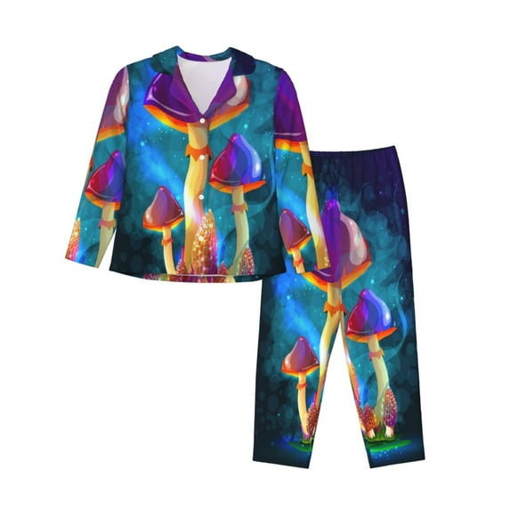 Bingfone Womens Pajama Sets Magic Mushrooms ,Fireflies Print,Long Sleeve Loungewear Pajamas Set-Small