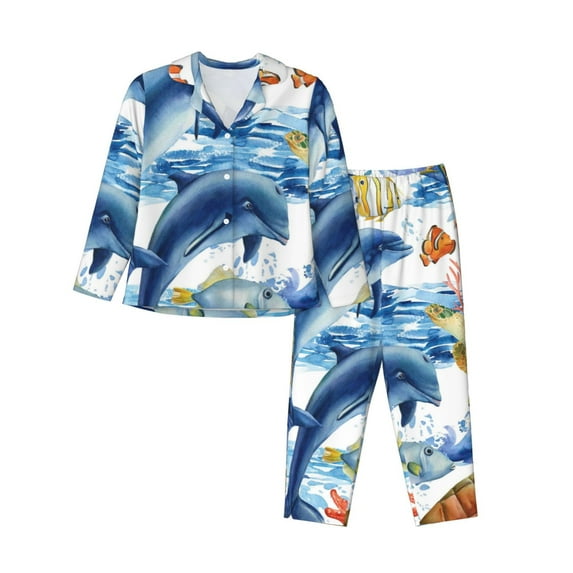 Bingfone Womens Pajama Sets Marine Animals Print,Long Sleeve Loungewear Pajamas Set-Small