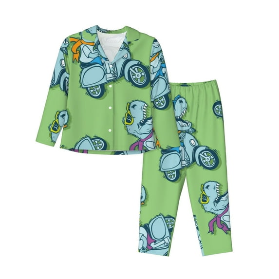 Bingfone Womens Pajama Sets Motorcycle Riding Dinosaur Print,Long Sleeve Loungewear Pajamas Set-Medium