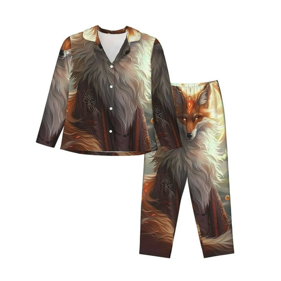 Bingfone Womens Pajama Sets Mystic Fox With Halo Print,Long Sleeve Loungewear Pajamas Set-Medium