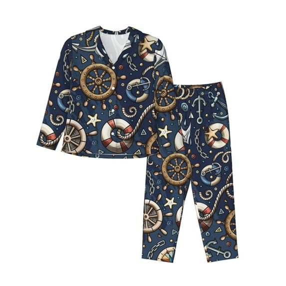 Bingfone Womens Pajama Sets Nautical Print,Long Sleeve Loungewear Pajamas Set-X-Large