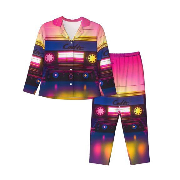 Bingfone Womens Pajama Sets Neon Cassette Tape Print,Long Sleeve Loungewear Pajamas Set-Small
