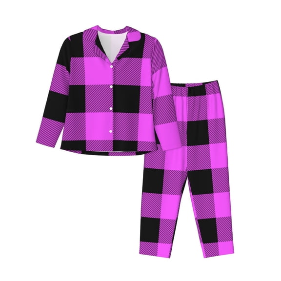 Bingfone Womens Pajama Sets Purple Black Buffalo Plaid Print,Long Sleeve Loungewear Pajamas Set-Small