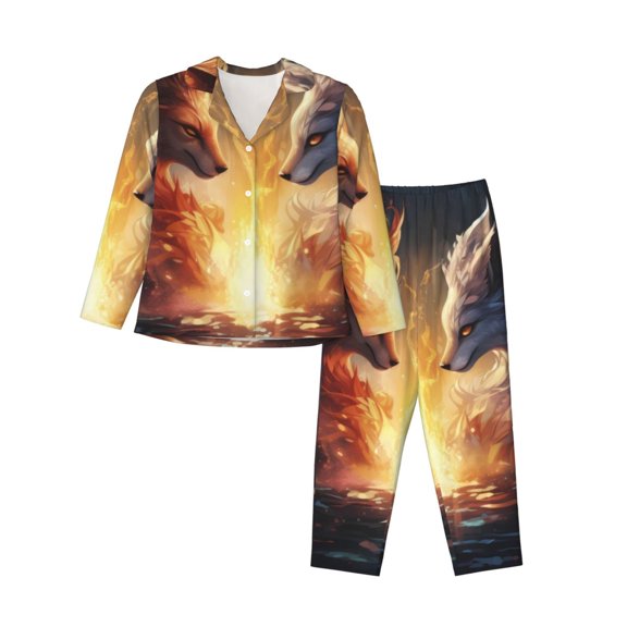 Bingfone Womens Pajama Sets Red And White Flame Fox Print,Long Sleeve Loungewear Pajamas Set-Medium
