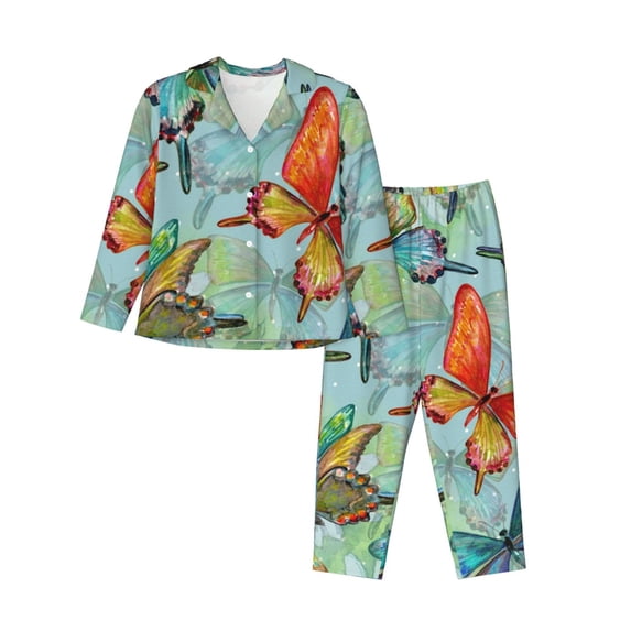 Bingfone Womens Pajama Sets Retro Seamless Flying Butterflies Print,Long Sleeve Loungewear Pajamas Set-Xx-Large