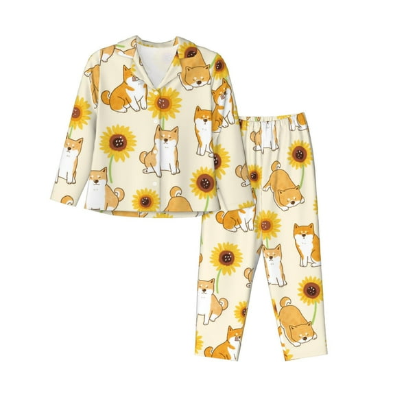 Bingfone Womens Pajama Sets Shiba Inu Dog And Sunflower Print,Long Sleeve Loungewear Pajamas Set-Xx-Large