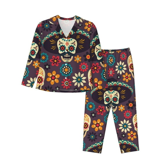 Bingfone Womens Pajama Sets Skulls And Flowers Print,Long Sleeve Loungewear Pajamas Set-Small
