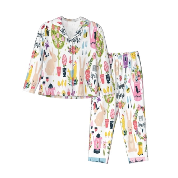 Bingfone Womens Pajama Sets Spring Flowers Birds Print,Long Sleeve Loungewear Pajamas Set-Large