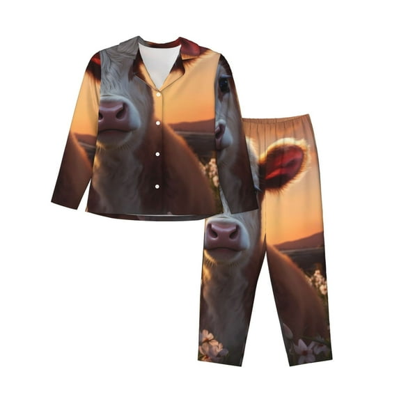 Bingfone Womens Pajama Sets Sunset Calf Flower Field Print,Long Sleeve Loungewear Pajamas Set-XX-Large