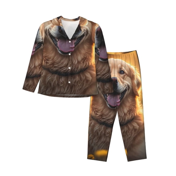 Bingfone Womens Pajama Sets Sunset Daisy Dog Print,Long Sleeve Loungewear Pajamas Set-Medium
