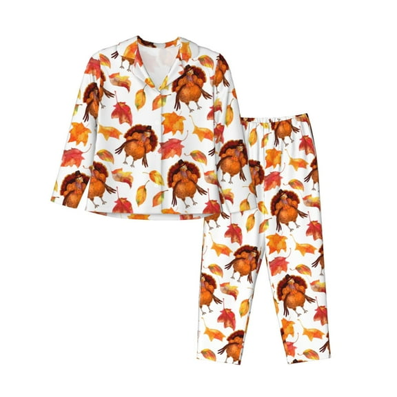 Bingfone Womens Pajama Sets Thanksgiving Turkey Leaves Print,Long Sleeve Loungewear Pajamas Set-