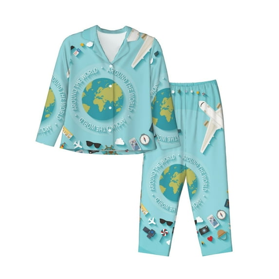Bingfone Womens Pajama Sets Travelling On Airplane Print,Long Sleeve Loungewear Pajamas Set-Medium