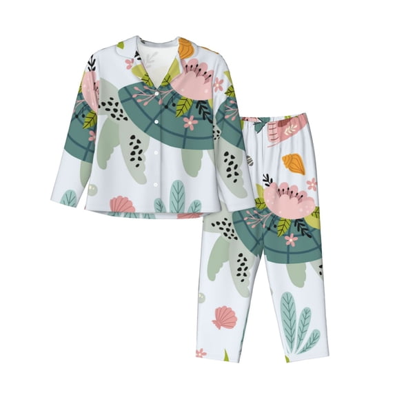 Bingfone Womens Pajama Sets Turtle And Sea Life Print,Long Sleeve Loungewear Pajamas Set-X-Large