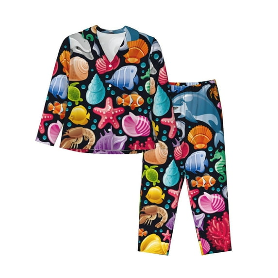 Bingfone Womens Pajama Sets Underwater Diving Animals Print,Long Sleeve Loungewear Pajamas Set-Xx-Large