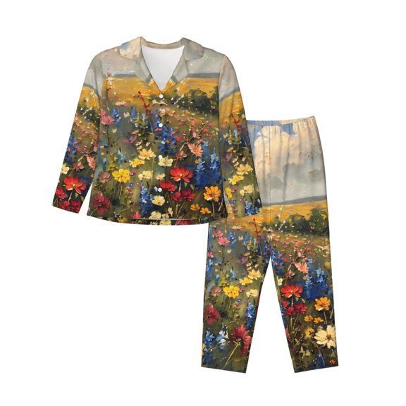 Bingfone Womens Pajama Sets Vibrant Wildflower Meadow Print,Long Sleeve Loungewear Pajamas Set-Small