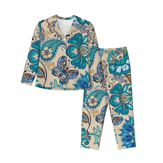 Bingfone Womens Pajama Sets Vintage Floral Butterflies Print,Long Sleeve Loungewear Pajamas Set-Large