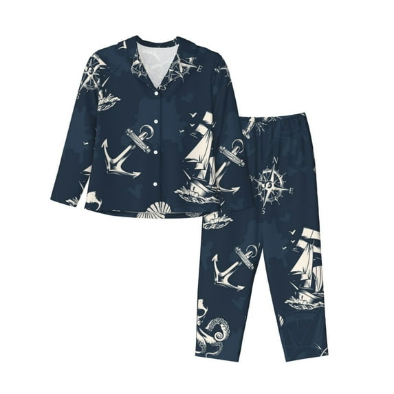 Bingfone Womens Pajama Sets Vintage Marine Print,Long Sleeve Loungewear Pajamas Set-Large