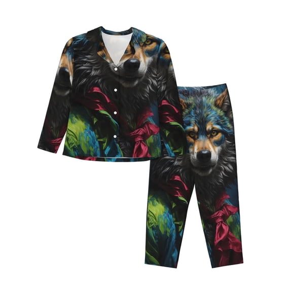 Bingfone Womens Pajama Sets Vintage Wolf Warrior Print,Long Sleeve Loungewear Pajamas Set-Small