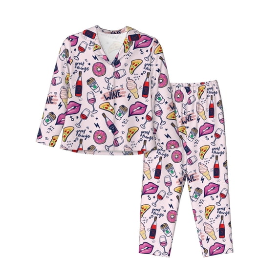 Bingfone Womens Pajama Sets Wine Print,Long Sleeve Loungewear Pajamas Set-X-Large