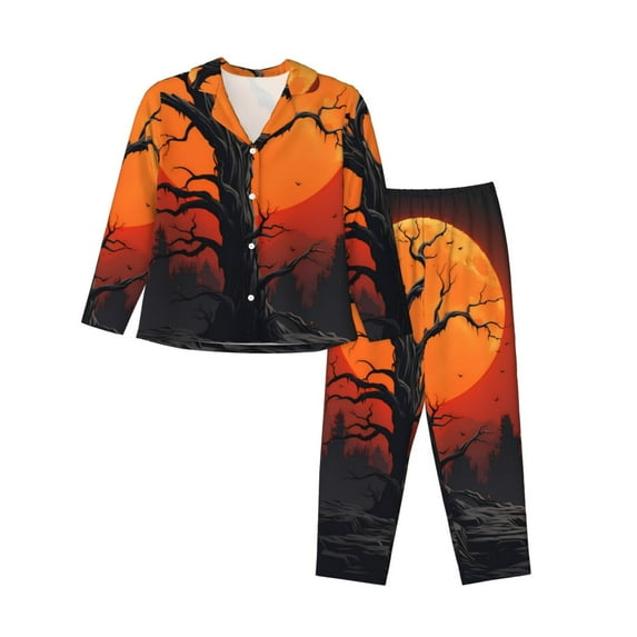 Bingfone Womens Pajama Sets Yellow Castle Sunset Tree Print,Long Sleeve Loungewear Pajamas Set-Large