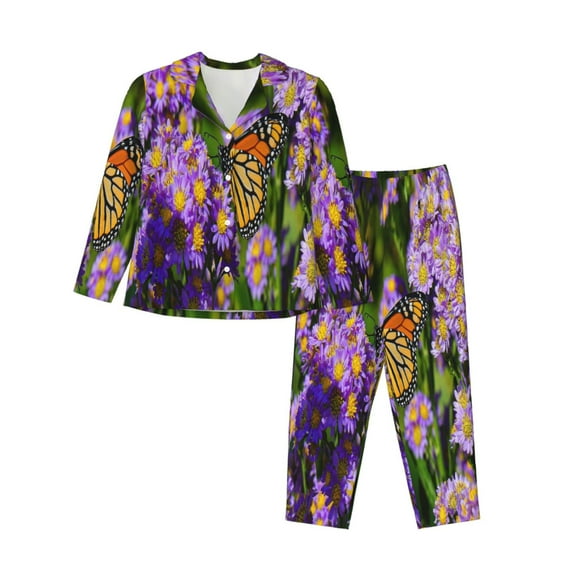 Bingfone Womens Pajama Sets butterflies and Gardens Print,Long Sleeve Loungewear Pajamas Set-Small