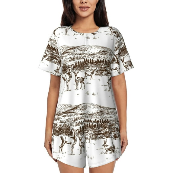 Bingfone Woodland Forest With Deers Print Pajamas Sets for Women Soft Short-Sleeved Pjs with Lounge Shorts Two Piece Sleepwear