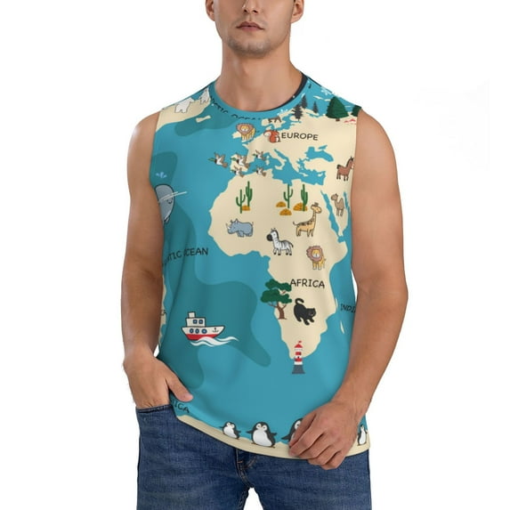 Bingfone World Map With Animal Pattern Men's Tank Tops Workout Sleeveless Tee Shirts Running Beach Tanks for Men-XX-Large