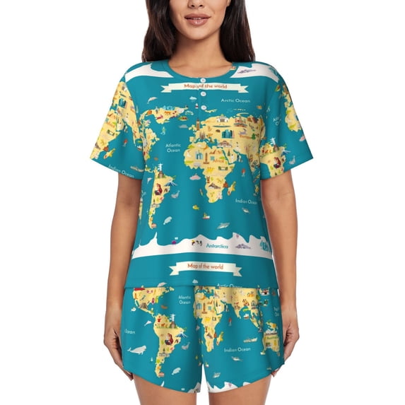 Bingfone World Map With Landmarks Print Pajamas Sets for Women Soft Short-Sleeved Pjs with Lounge Shorts Two Piece Sleepwear