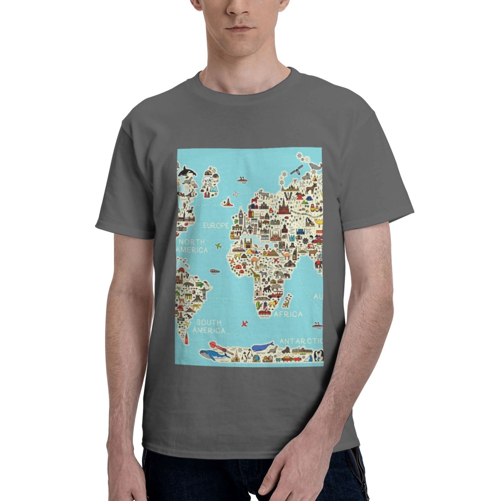 Bingfone World Travel Line Icons Map Men'S Loose Fit Short-Sleeve ...