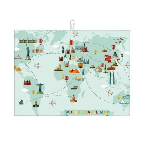 Bingfone World Travel Map ,18" X 24"Dish Drying Mat For Kitchen Counter,Ultra Absorbent Microfiber