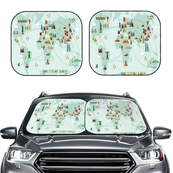 Bingfone World Travel Map Print 2-Piece Sun Shade Front Windshield - Foldable Car Front Window Sunshades For Most Sedans Suv Truck - Large