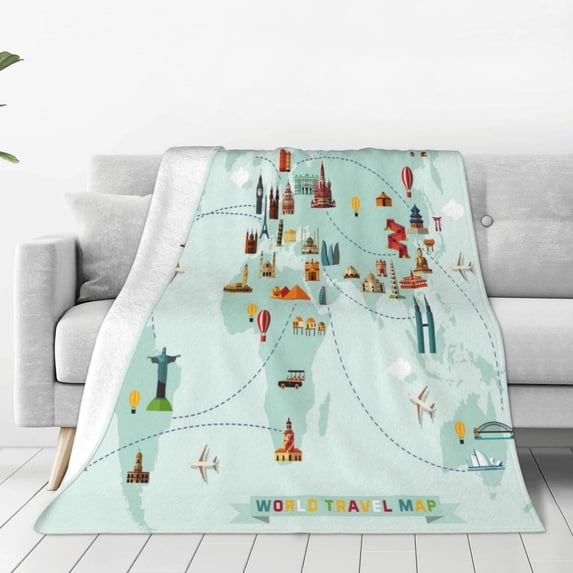 Bingfone World Travel Map Print Flannel Fleece Blanket Throw Blanket For Bed,Sofa,Couch,Travel,Camping(40"X30")