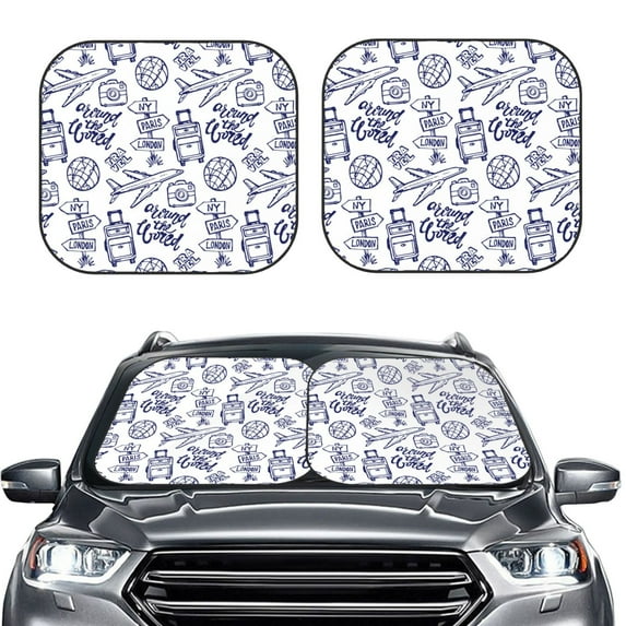 Bingfone World Travel2 Windshield Sun Shade 2-Piece Foldable Car Front Window Sunshade For Most Sedans Suv Truck - Auto Sun Blocker Visor Protector Blocks Max Uv Rays - Small