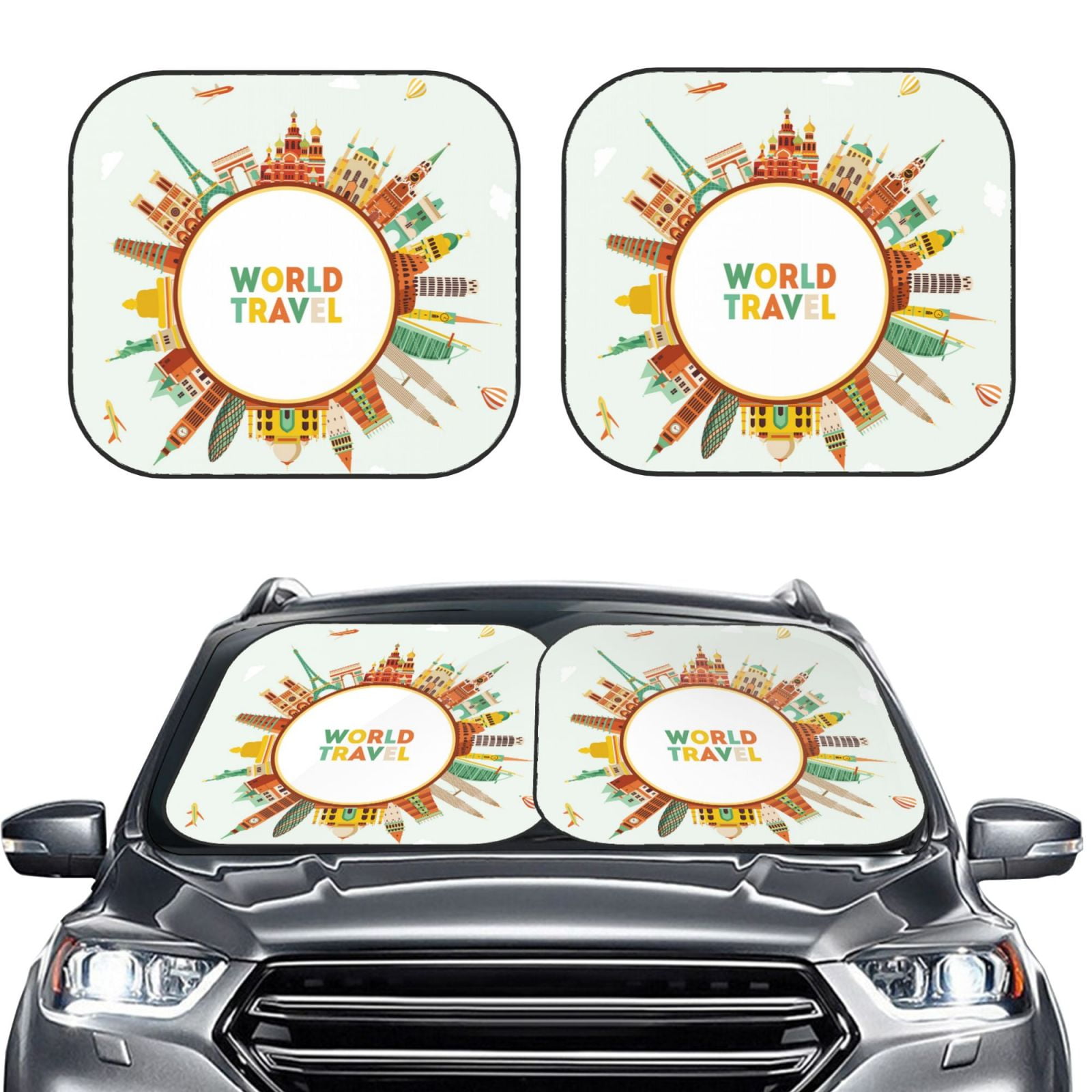 Bingfone World Travel3 Windshield Sun Shade 2Piece Foldable Car Front Window Sunshade For Most