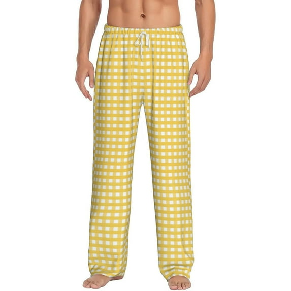 Bingfone Yellow Gingham Mens All Over Print Sleep Pajama Pants-Small