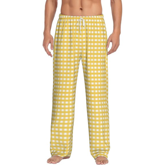 Bingfone Yellow Gingham Mens All Over Print Sleep Pajama Pants-Small