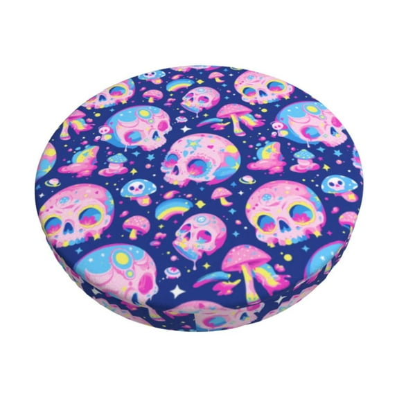 Bingfone colorful Skull mushroom rainbow Padded Round Bar Stool Cover Cushion with Elastic Fabric Round Chair Seat - colorful Skull mushroom rainbow
