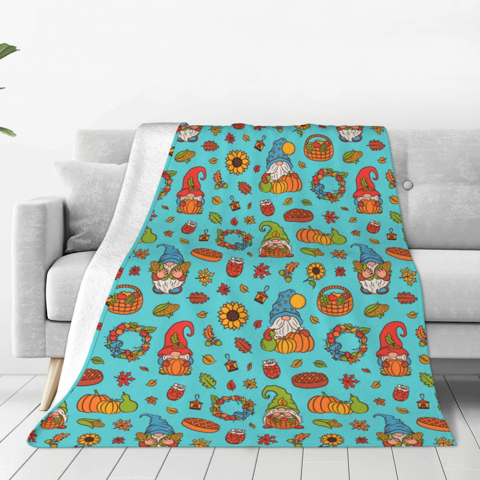 Bingfone fall cute gnome Pumpkin Print Flannel Fleece Blanket Throw