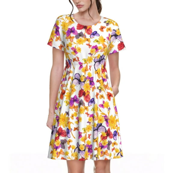 Bingfone flowers and flying butterflies Print Women’s Short Sleeve Dress, Comfortable Casual Dress, Stylish Summer Dress with Stretchy Fit for Daily Wear