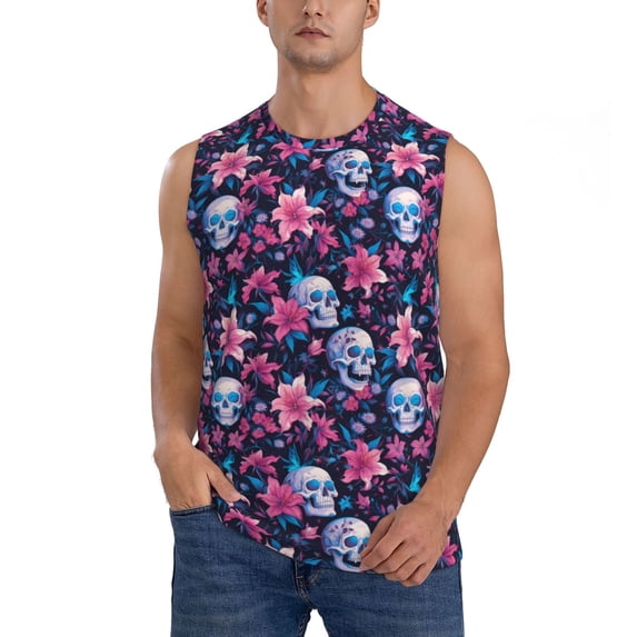 Bingfone funny Skull daisy flower Pattern Men's Tank Tops Workout Sleeveless Tee Shirts Running Beach Tanks for Men-3X-Large