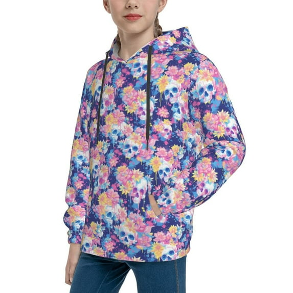 Bingfone graffiti style Skull flower Pattern Youth Classic Hoodies Soft Hooded Pullover Sweatshirts for Girls and Boys