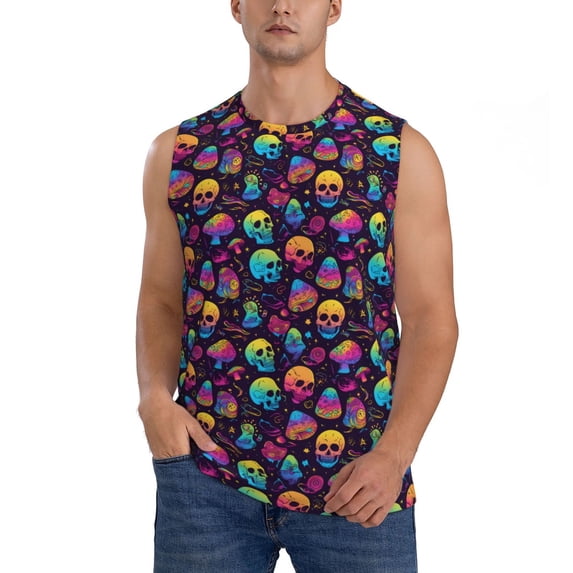Bingfone mushroom color Skull Pattern Men's Tank Tops Workout Sleeveless Tee Shirts Running Beach Tanks for Men-Small