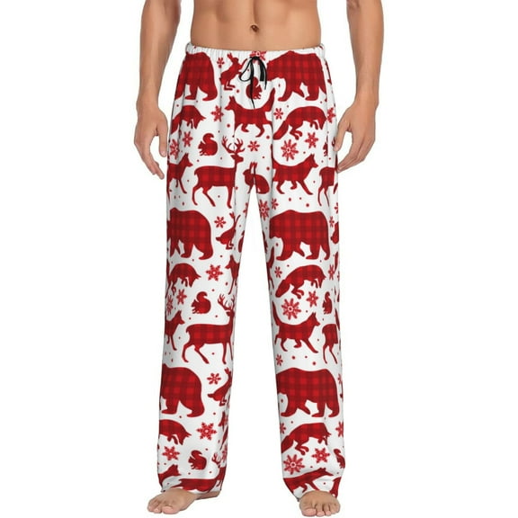Bingfone red plaid Moose Bunny bear Mens All Over Print Sleep Pajama Pants-Small