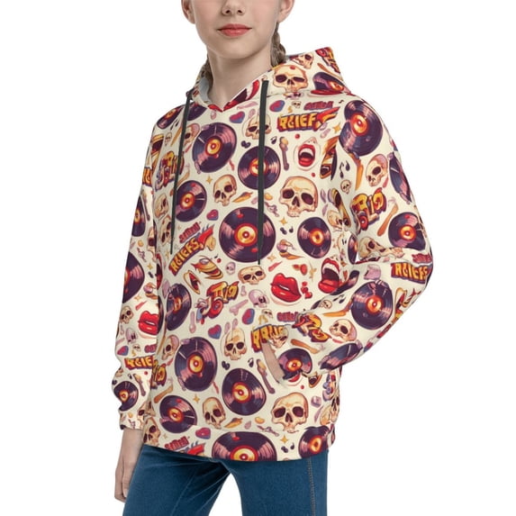 Bingfone rock music Skull record Pattern Youth Classic Hoodies Soft Hooded Pullover Sweatshirts for Girls and Boys