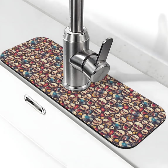 Bingfone rock record music Skull Print Splash Guard for Sink Faucet,Super Absorbent Fast Drying Mat Sink-Splash Guard Behind Faucet Drip Catcher for Kitchen,Sink Mat,Dish Drying Mat