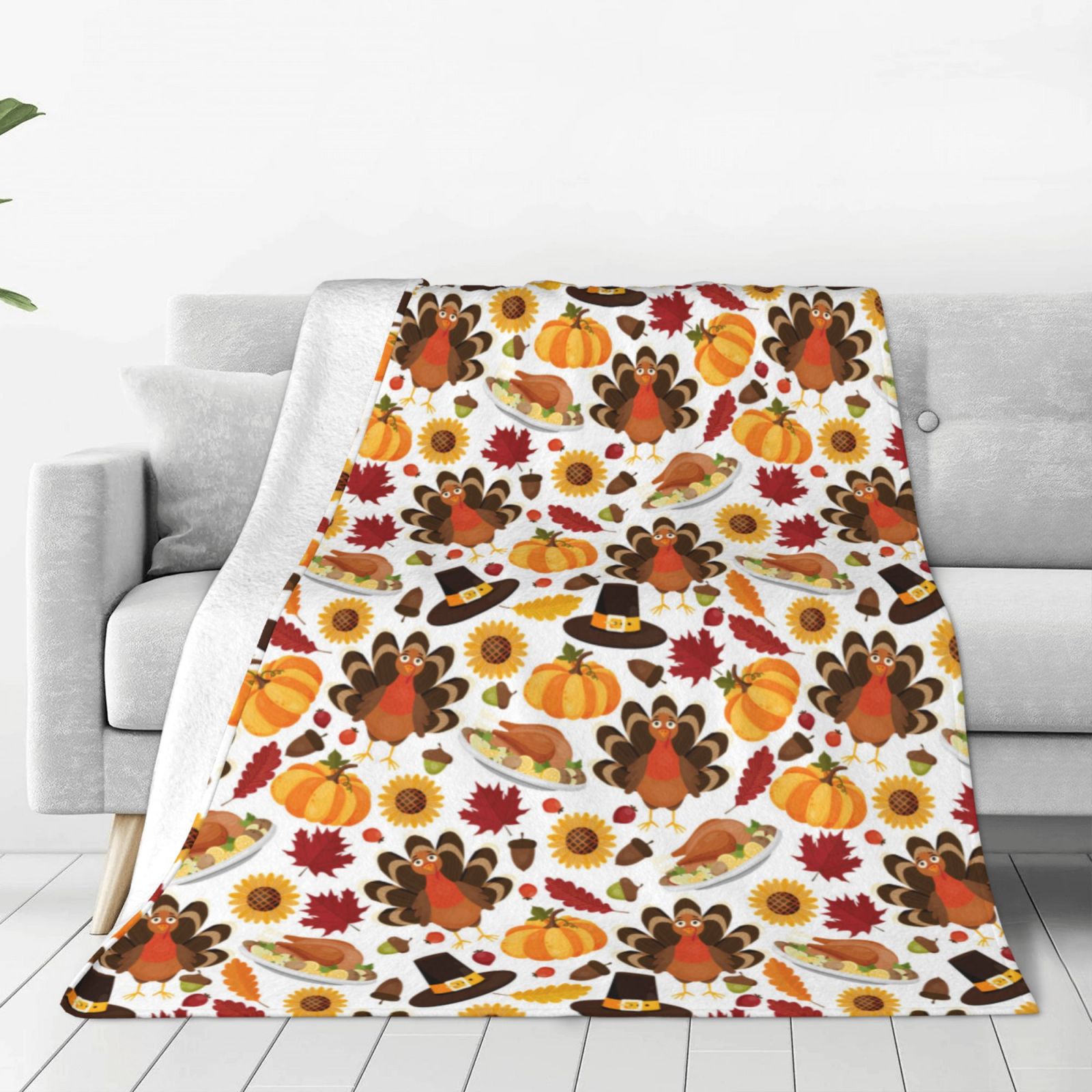 Bingfone turkey hat Pumpkin Print Flannel Fleece Blanket Throw Blanket