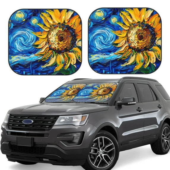 Bingfone vintage Starry Sunflower Windshield Sun Shade 2-Piece Foldable Car Front Window Sunshade for Most Sedans SUV Truck - Medium