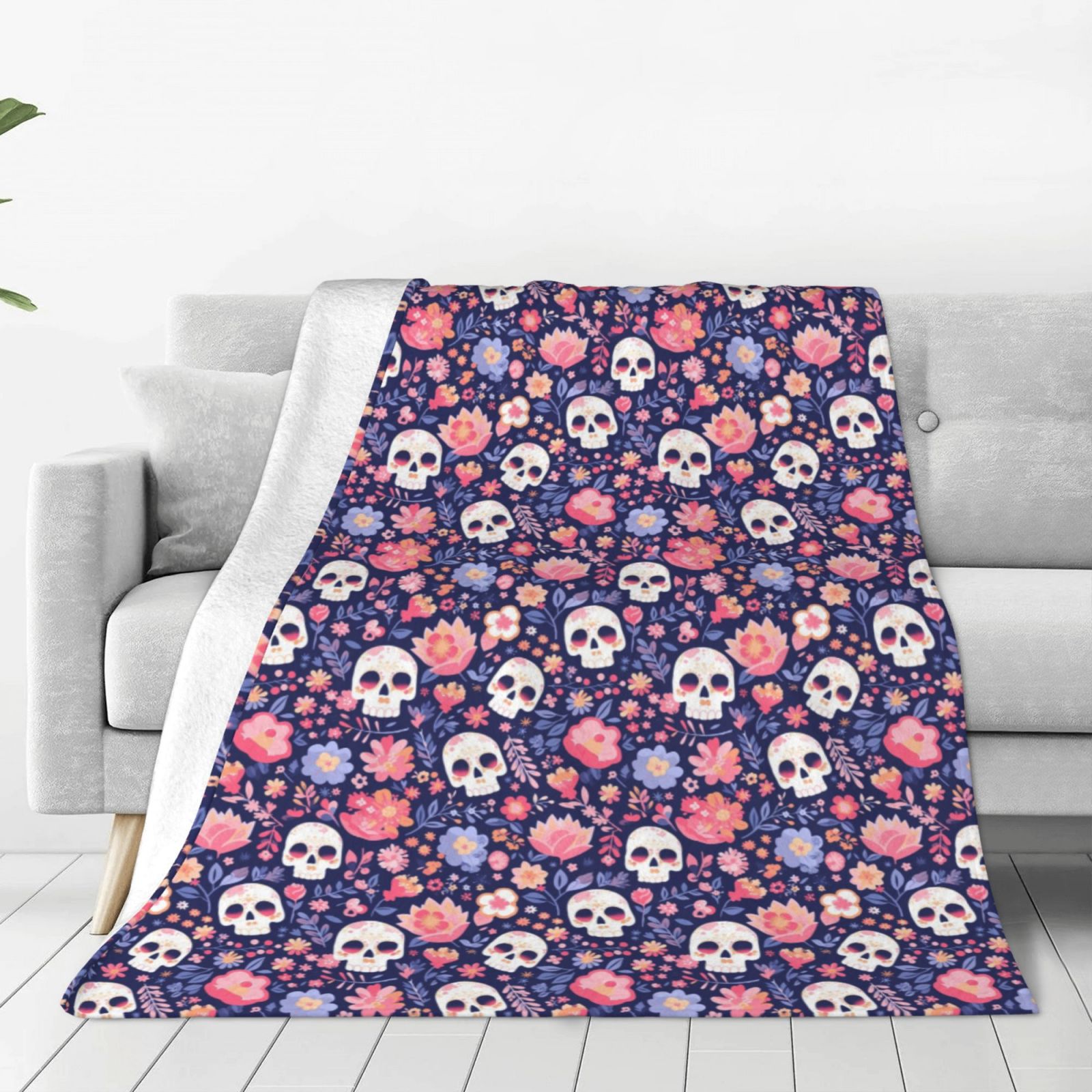 Bingfone white Skull Flower Print Flannel Fleece Blanket Throw Blanket
