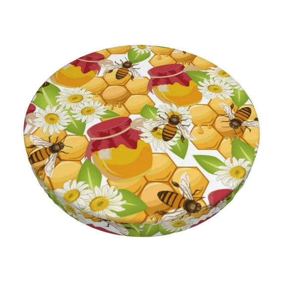 Bingfone12 Inch Padded Round Bar Stool Cover Cushion With Elastic Fabric Round Chair Seat - Bees Honeycomb Jars Of Honey Flowers